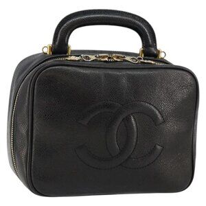 CHANEL COCO Mark Vanity Pouch Grained Calf Skin Black Gold CC Auth bs29781
